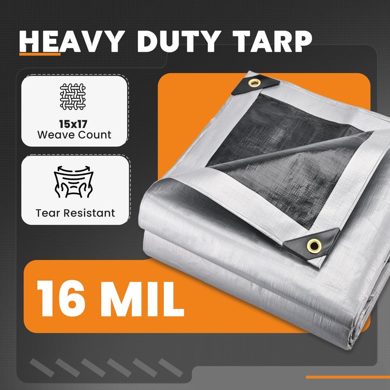 Keten Tarps Heavy Duty Waterproof 12X20 Feet, Extra Thick 16 Mil, Tear & Fade Resistant, UV Blocking, Outdoor Tarp with Reinforced Grommets for Roof, Camping, Patio, Pool, Boat(Silver/Black) - Image 2
