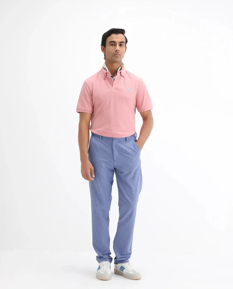 Rare Rabbit Rare Rabbit Men's Face Light Pink Cotton Fabric Short Sleeves Button Down Collar Embroidered Logo Regular Fit Plain Polo T-Shirt