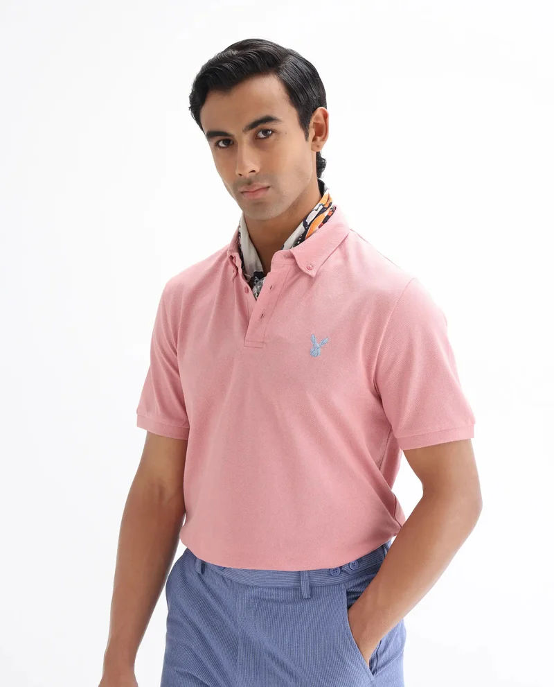 Rare Rabbit Rare Rabbit Men's Face Light Pink Cotton Fabric Short Sleeves Button Down Collar Embroidered Logo Regular Fit Plain Polo T-Shirt