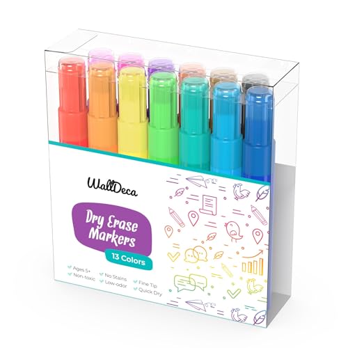 WallDeca Dry Erase Markers for Kids Non-toxic, 13 Pack, Washable, Colorful Pastel Colors, Fine Tip Skinny Pens, Thin Whiteboard Low Odor Markers for Toddlers, Vibrant and Quick Dry - Image 1