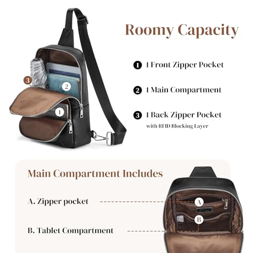 S-ZONE Sling Bag for Women Men RFID Blocking Genuine Leather Crossbody Backpack Sling Purses Fashion Travel Daypack Chest Bags Ladies-Brown - Image 5
