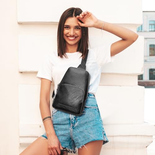 S-ZONE Sling Bag for Women Men RFID Blocking Genuine Leather Crossbody Backpack Sling Purses Fashion Travel Daypack Chest Bags Ladies-Brown - Image 3