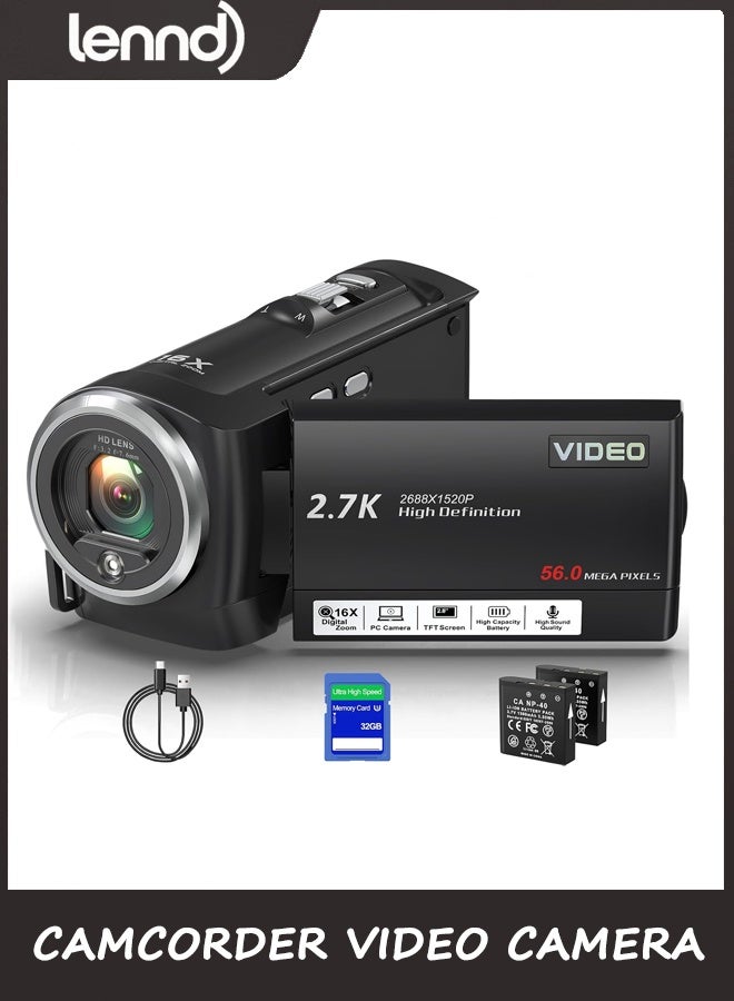 Camcorder Video Camera QHD 2.7K 56MP 16X Digital Zoom Vlogging Camera with LED Fill Light for YouTube, 2.8 Inch 270 Degree Rotation LCD Screen Camcorder with 32GB SD Card and Two Batteries