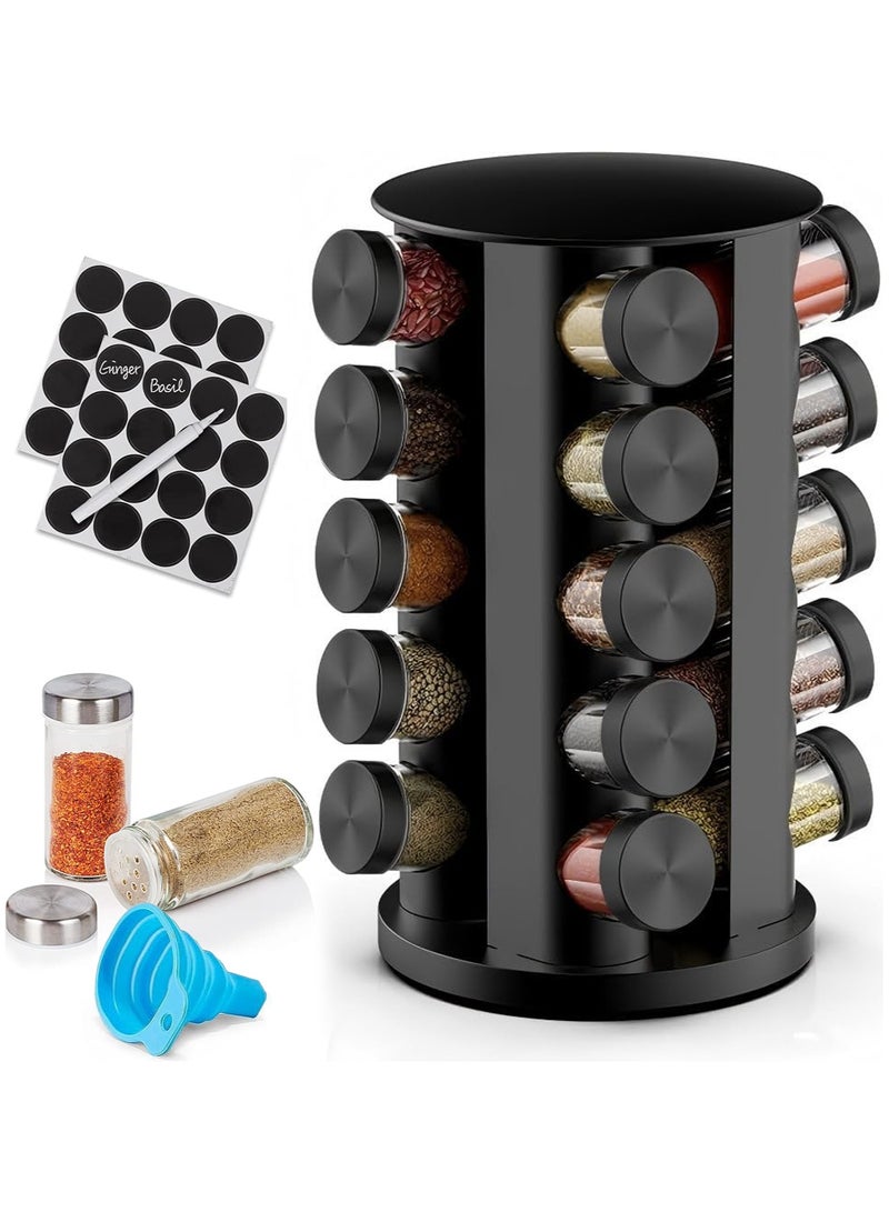 أوزيغالور رف بهارات دوار مع 20 وعاء | دوار بهارات من الفولاذ المقاوم للصدأ مع ملصقات | لتخزين طاولة المطبخ والخزانة (أسود) - Image 1