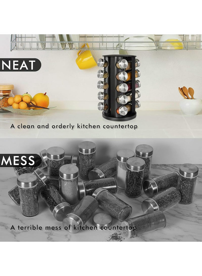 أوزيغالور رف بهارات دوار مع 20 وعاء | دوار بهارات من الفولاذ المقاوم للصدأ مع ملصقات | لتخزين طاولة المطبخ والخزانة (أسود) - Image 2