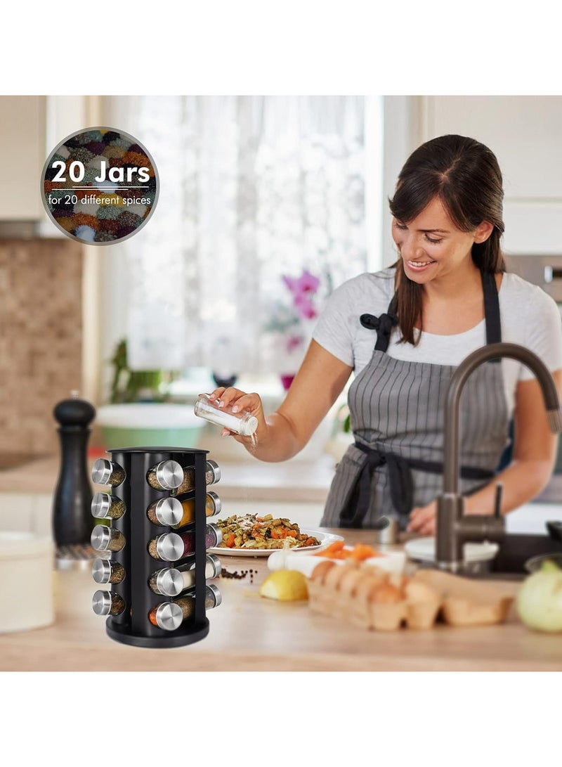 أوزيغالور رف بهارات دوار مع 20 وعاء | دوار بهارات من الفولاذ المقاوم للصدأ مع ملصقات | لتخزين طاولة المطبخ والخزانة (أسود) - Image 3