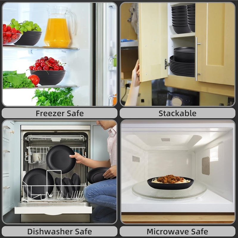 Gudvilla Wheat Straw Dinnerware Sets for 8Black Plates and Bowls SetsPlastic Reusable Dishwasher Safe for Kitchen Camping32 Pcs Lightweight Unbreakable Plastic Dishes Set Outdoor - Image 4