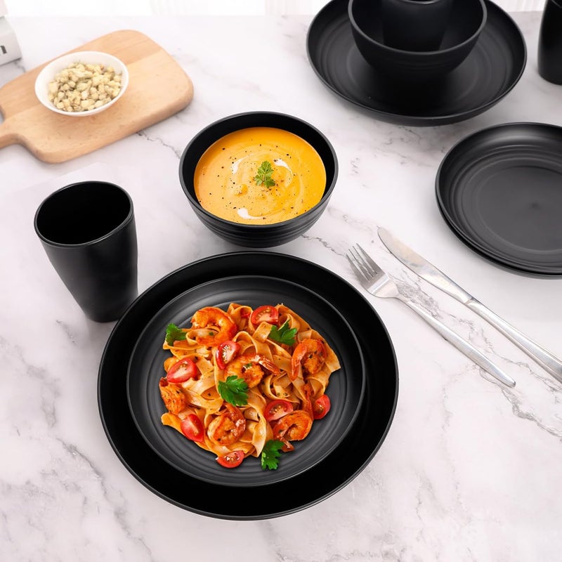 Gudvilla Wheat Straw Dinnerware Sets for 8Black Plates and Bowls SetsPlastic Reusable Dishwasher Safe for Kitchen Camping32 Pcs Lightweight Unbreakable Plastic Dishes Set Outdoor - Image 3