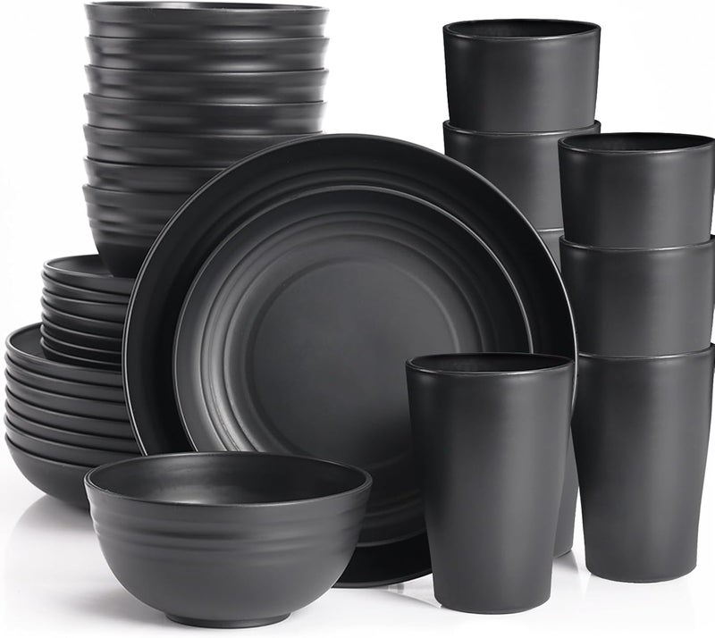 Gudvilla Wheat Straw Dinnerware Sets for 8Black Plates and Bowls SetsPlastic Reusable Dishwasher Safe for Kitchen Camping32 Pcs Lightweight Unbreakable Plastic Dishes Set Outdoor - Image 1