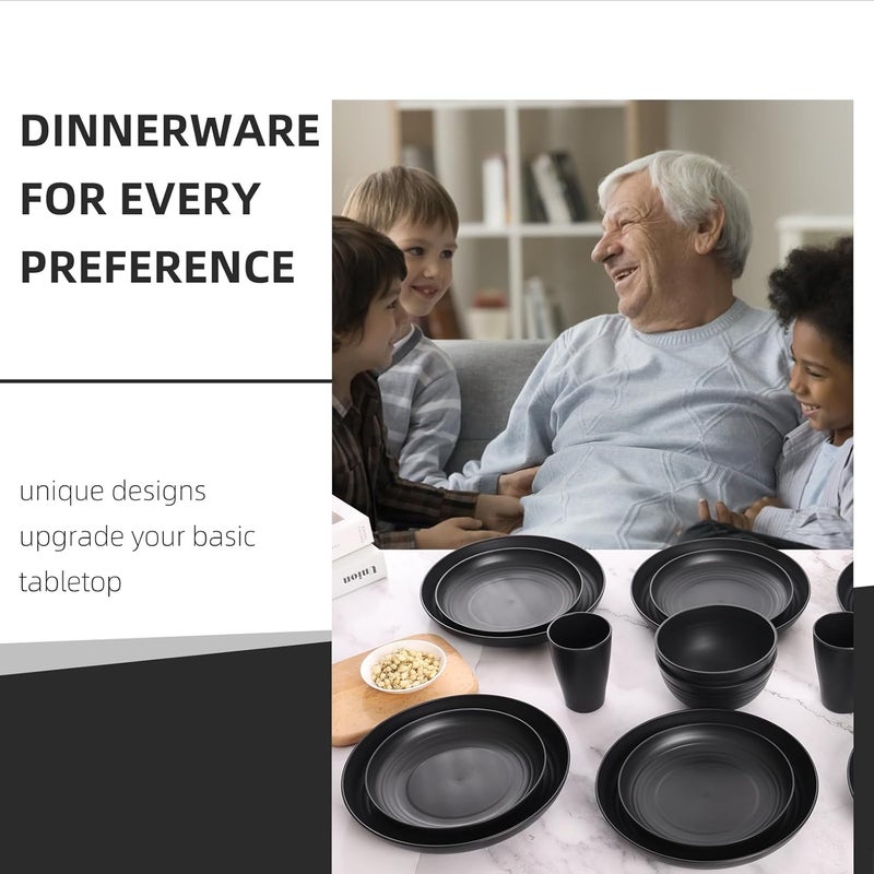 Gudvilla Wheat Straw Dinnerware Sets for 8Black Plates and Bowls SetsPlastic Reusable Dishwasher Safe for Kitchen Camping32 Pcs Lightweight Unbreakable Plastic Dishes Set Outdoor - Image 5