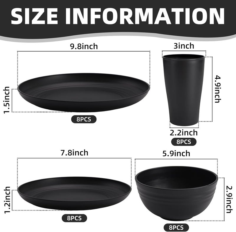 Gudvilla Wheat Straw Dinnerware Sets for 8Black Plates and Bowls SetsPlastic Reusable Dishwasher Safe for Kitchen Camping32 Pcs Lightweight Unbreakable Plastic Dishes Set Outdoor - Image 2