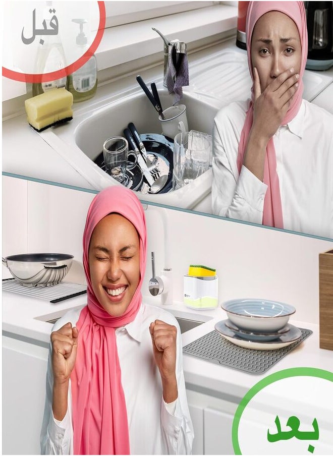 فيولا وصال رف تجفيف الاطباق  والصحون من VIOLLA | على المجلي ستانلس ستيل(304) قابل للتعديل36x47سم | مع بساط تجفيف من السيليكون , موزع ومضخة صابون, وحامل اسفنجة غسيل |قابل للطي لتنظيم المطبخ , أسود  - Image 2