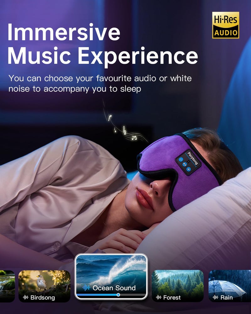 Perytong Sleep Mask with Bluetooth 5.4 Headphones, Wireless Music Sleep Eye Mask for Side Sleepers, 3D Contoured Comfort & Built-in HD Stereo Earphones, Blackout for Travel (Deep Lavender) - Image 5