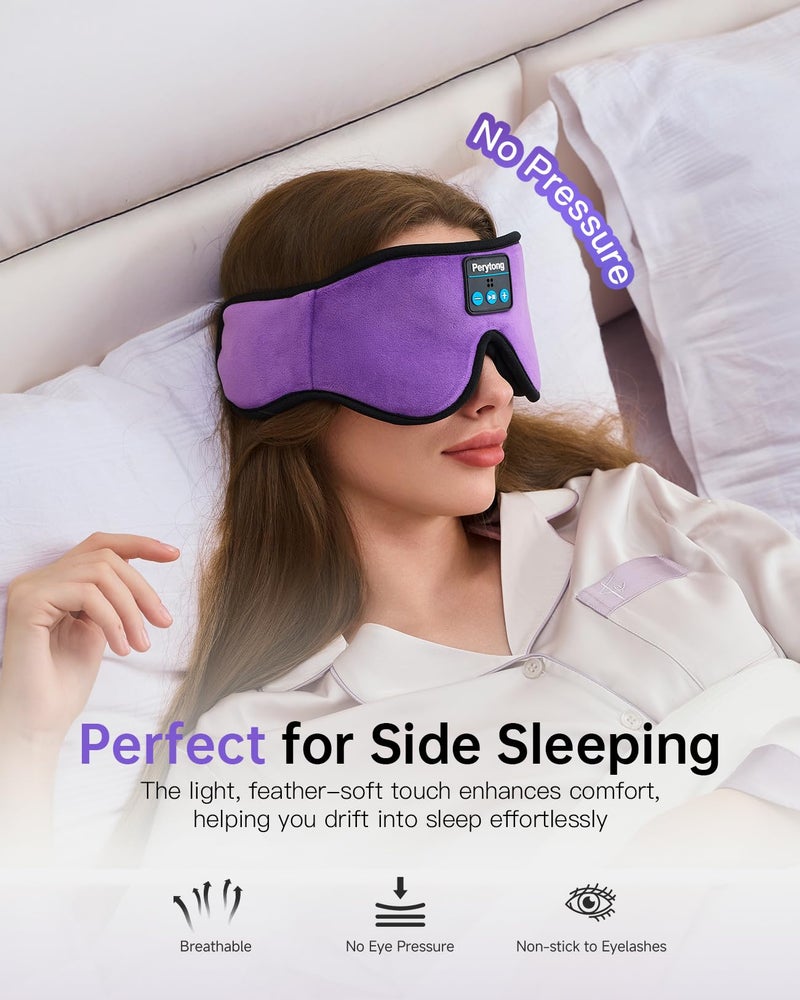 Perytong Sleep Mask with Bluetooth 5.4 Headphones, Wireless Music Sleep Eye Mask for Side Sleepers, 3D Contoured Comfort & Built-in HD Stereo Earphones, Blackout for Travel (Deep Lavender) - Image 2