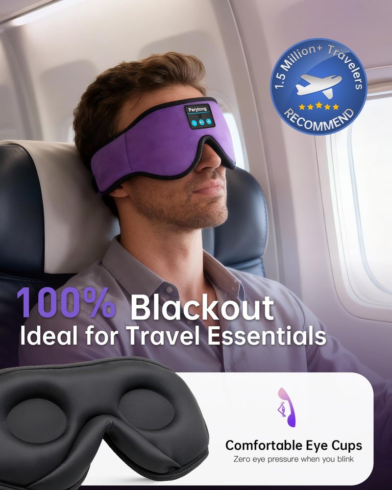 Perytong Sleep Mask with Bluetooth 5.4 Headphones, Wireless Music Sleep Eye Mask for Side Sleepers, 3D Contoured Comfort & Built-in HD Stereo Earphones, Blackout for Travel (Deep Lavender) - Image 3