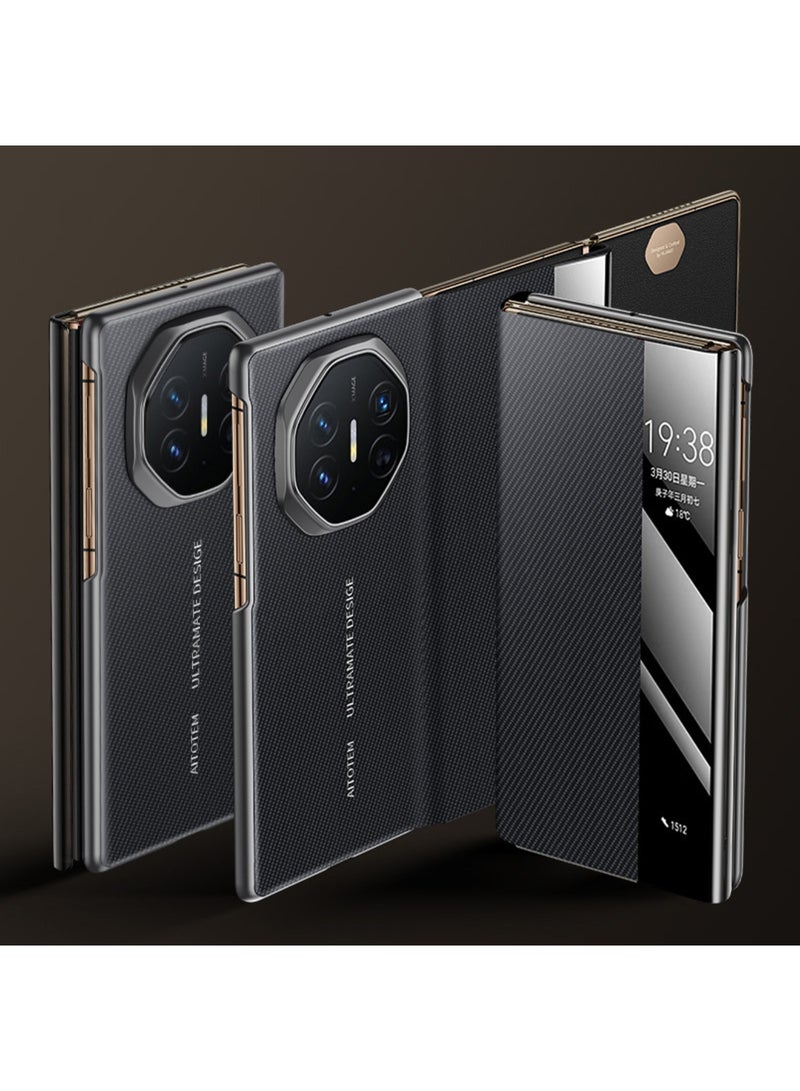 جراب جلدي مغناطيسي لهاتف Huawei Mate XT، نسيج ألياف الكربون الثلاثي، صدفي قابل للطي، شفط مغناطيسي مدمج، شاشة نافذة ذكية لهاتف Huawei Mate XT (أسود)