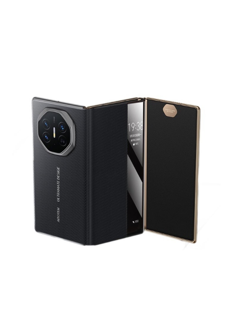 جراب جلدي مغناطيسي لهاتف Huawei Mate XT، نسيج ألياف الكربون الثلاثي، صدفي قابل للطي، شفط مغناطيسي مدمج، شاشة نافذة ذكية لهاتف Huawei Mate XT (أسود)