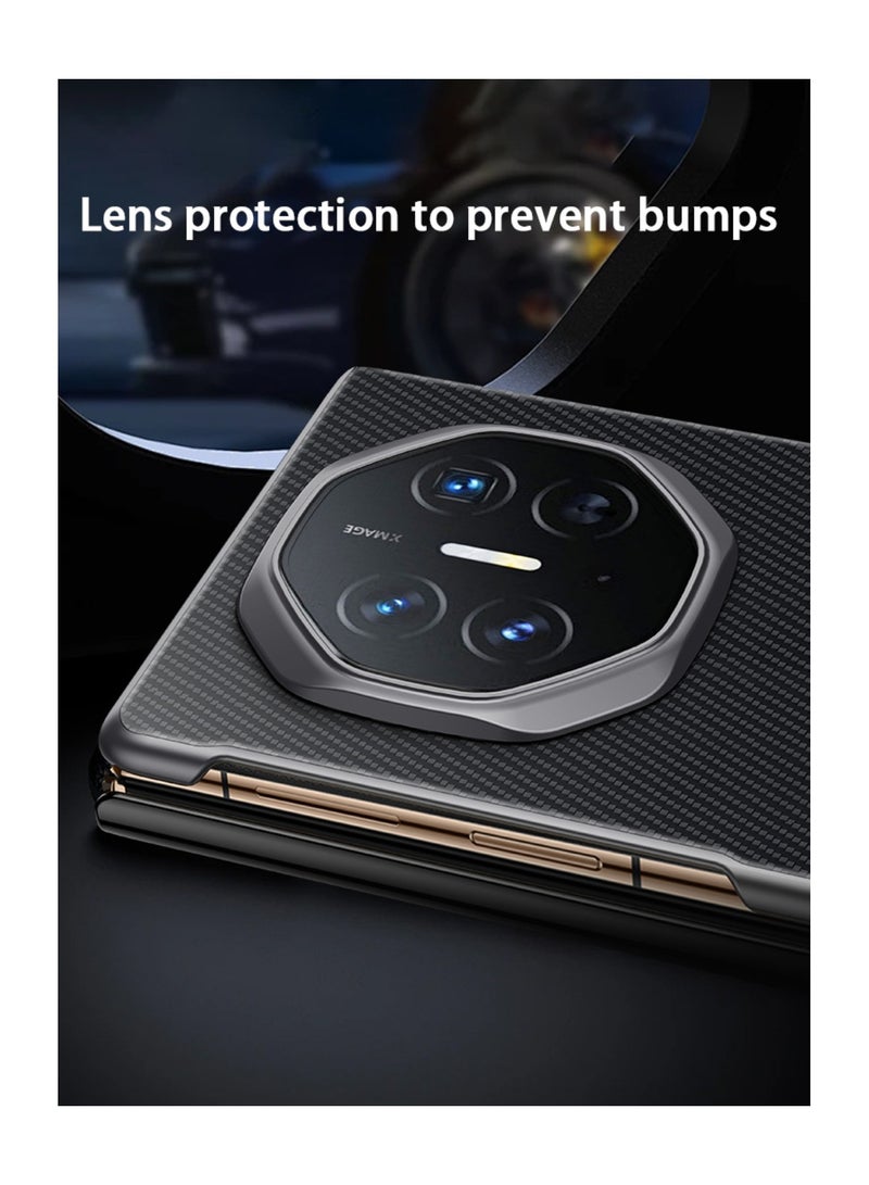 جراب جلدي مغناطيسي لهاتف Huawei Mate XT، نسيج ألياف الكربون الثلاثي، صدفي قابل للطي، شفط مغناطيسي مدمج، شاشة نافذة ذكية لهاتف Huawei Mate XT (أسود)