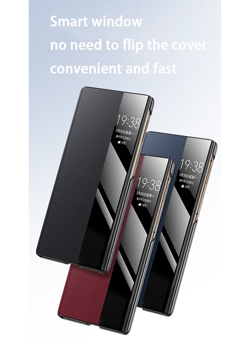 جراب جلدي مغناطيسي لهاتف Huawei Mate XT، نسيج ألياف الكربون الثلاثي، صدفي قابل للطي، شفط مغناطيسي مدمج، شاشة نافذة ذكية لهاتف Huawei Mate XT (أسود)