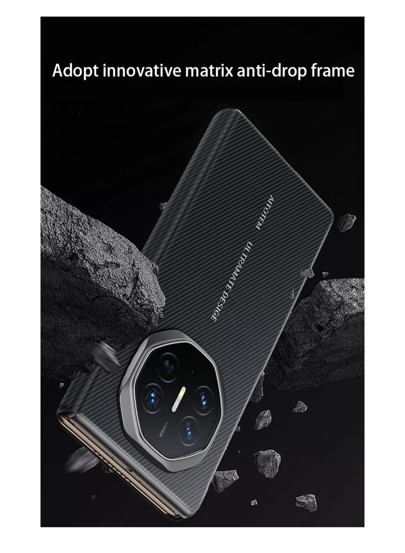 جراب جلدي مغناطيسي لهاتف Huawei Mate XT، نسيج ألياف الكربون الثلاثي، صدفي قابل للطي، شفط مغناطيسي مدمج، شاشة نافذة ذكية لهاتف Huawei Mate XT (أسود)