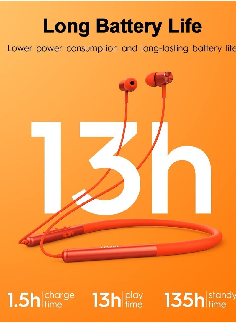 Techno - Tecno Magnetic Wireless Bluetooth Headphones, Neckband Bluetooth Headphones with Microphone, Headphones Wireless Bluetooth 5.2 for Workout Running, Orange - Image 1