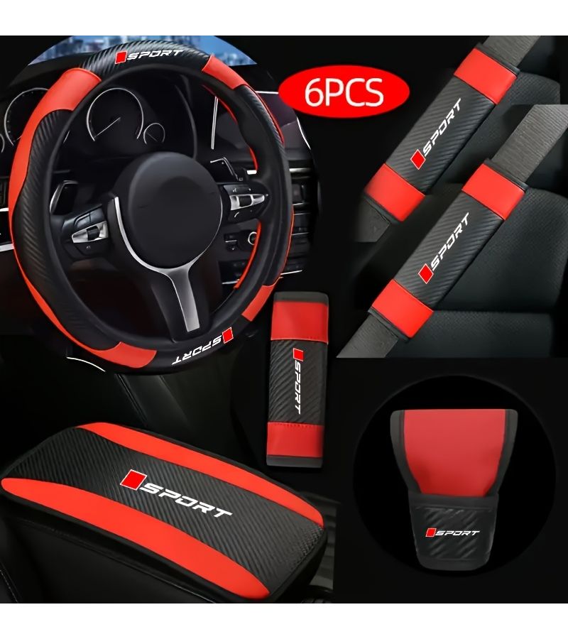 Red PU Leather Car Interior Gift Set 6pcs Universal Non-Slip Steering Wheel Cover - Image 1