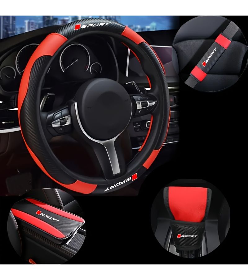 Red PU Leather Car Interior Gift Set 6pcs Universal Non-Slip Steering Wheel Cover - Image 3