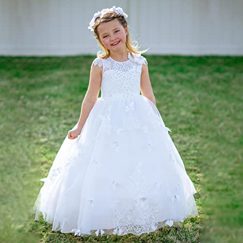 PLwedding Flower Girl Dress Kids Lace Beaded Pageant Ball Gowns (Size 12, B White) - Image 4