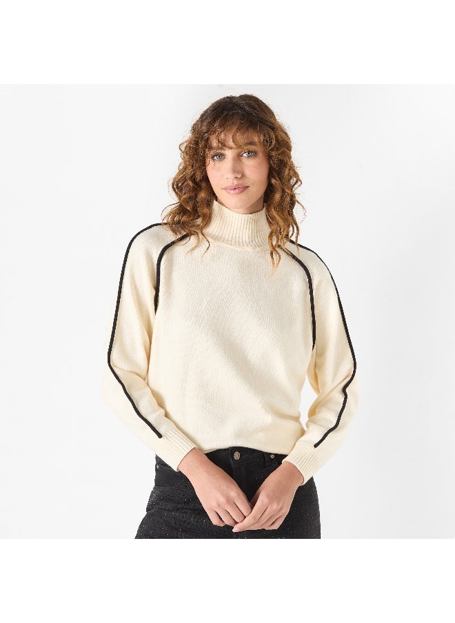 Iconic Iconic Solid High Neck Sweater with Long Sleeves and Piping Detail  - Image 1