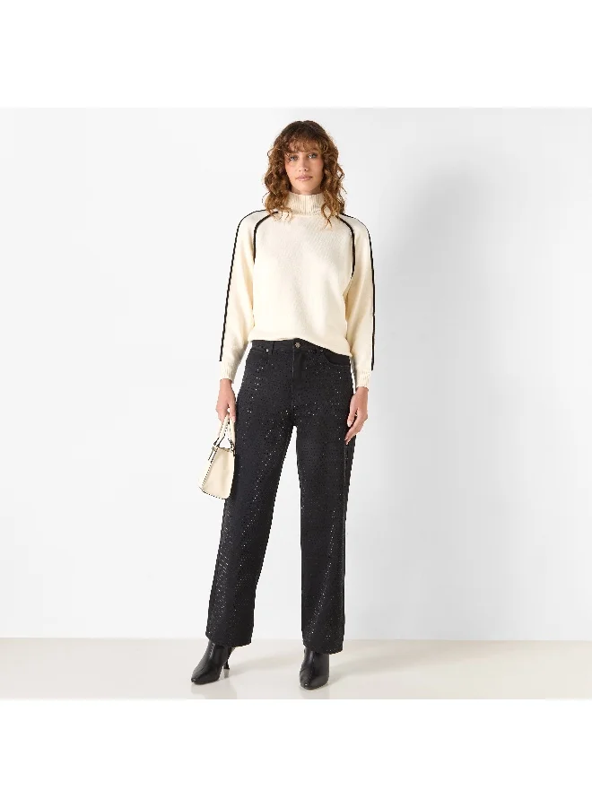 Iconic Iconic Solid High Neck Sweater with Long Sleeves and Piping Detail