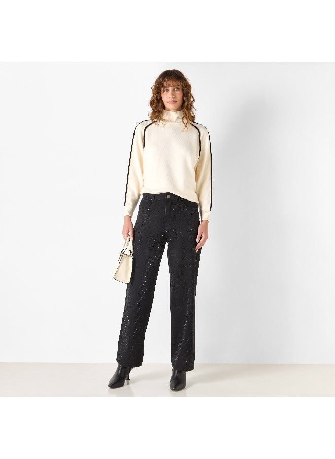 Iconic Iconic Solid High Neck Sweater with Long Sleeves and Piping Detail  - Image 3
