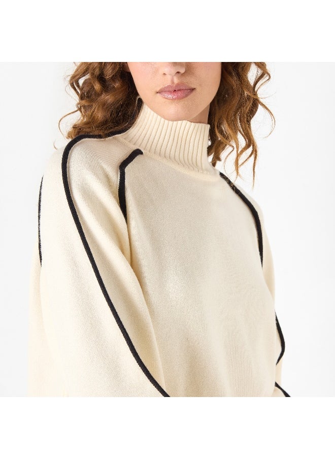 Iconic Iconic Solid High Neck Sweater with Long Sleeves and Piping Detail  - Image 2