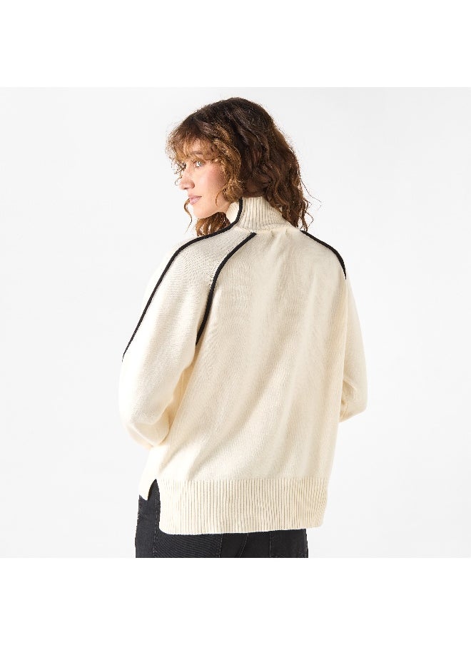 Iconic Iconic Solid High Neck Sweater with Long Sleeves and Piping Detail  - Image 4