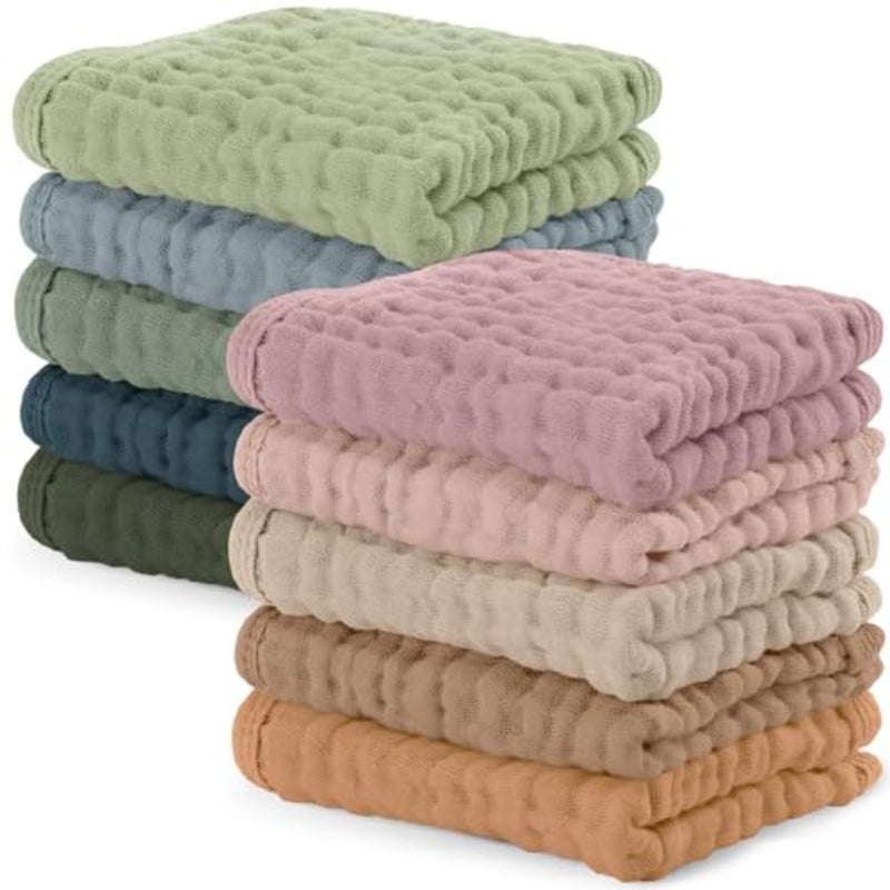 Muslin Cotton Facial Cleansing Towels, Large 10 x 10 Inch, Soft for Sensitive Skin, Absorbent for Boys and Girls, Essential Bathing Supplies Gift for Newborns and Toddlers Multicolor, 10pcs G - Image 1