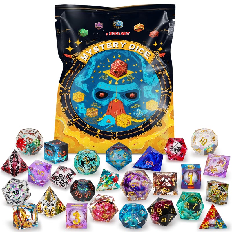QMAY Resin Mystery Dice Set 7 Pcs Handmade Sharp Edge Polyhedral Dice Random Various Styles DND Dice Dice Bag DND Gifts Suitable for Dungeons and Dragons RPG MTGRole Playing Table Game - Image 3