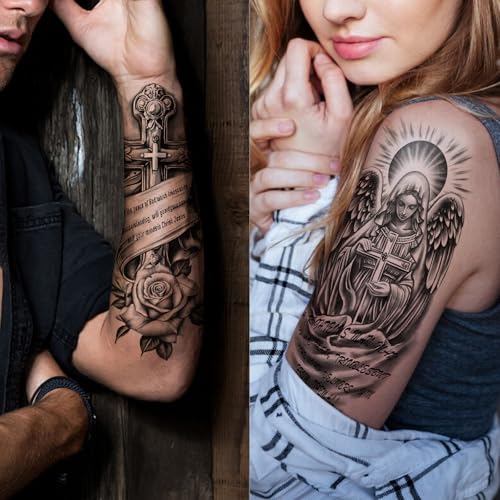 atydkug 77 Sheets Christian Cross Temporary Tattoo for Women Men, 17 Sheets Half Arm Large Religious Jesus God Fake Tattoos, 60 Sheets Angels Black Christ Tiny for Adult Kids Body Tattoos Stickers Realistic - Image 5