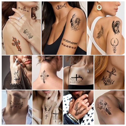atydkug 77 Sheets Christian Cross Temporary Tattoo for Women Men, 17 Sheets Half Arm Large Religious Jesus God Fake Tattoos, 60 Sheets Angels Black Christ Tiny for Adult Kids Body Tattoos Stickers Realistic - Image 4