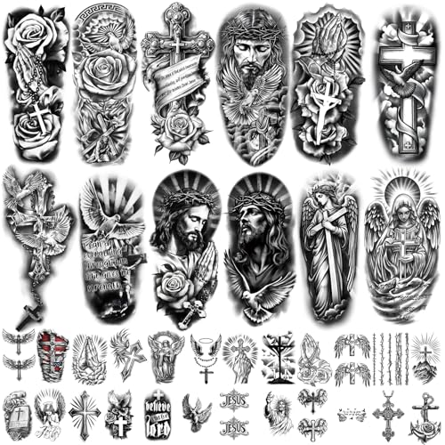 atydkug 77 Sheets Christian Cross Temporary Tattoo for Women Men, 17 Sheets Half Arm Large Religious Jesus God Fake Tattoos, 60 Sheets Angels Black Christ Tiny for Adult Kids Body Tattoos Stickers Realistic - Image 1