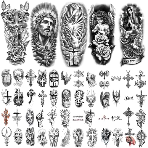 atydkug 77 Sheets Christian Cross Temporary Tattoo for Women Men, 17 Sheets Half Arm Large Religious Jesus God Fake Tattoos, 60 Sheets Angels Black Christ Tiny for Adult Kids Body Tattoos Stickers Realistic - Image 2
