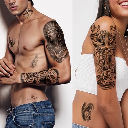 atydkug 77 Sheets Christian Cross Temporary Tattoo for Women Men, 17 Sheets Half Arm Large Religious Jesus God Fake Tattoos, 60 Sheets Angels Black Christ Tiny for Adult Kids Body Tattoos Stickers Realistic - Image 3
