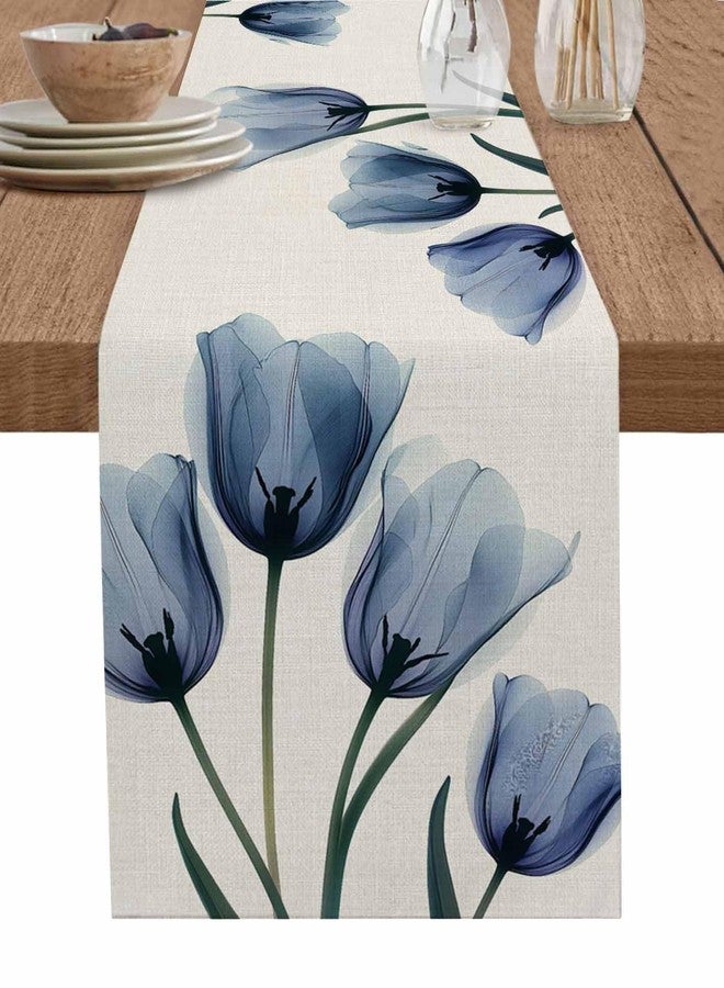 PIEPLE Tulip Blue Table Runner Cotton Linen 60 Inch Holiday Dresser Scarves, Spring Floral Countryside Garden Plants Tablerunner for Kitchen Coffee Dining Bedroom Living Room Dinner Scarf Décor 13''x60'' - Image 1