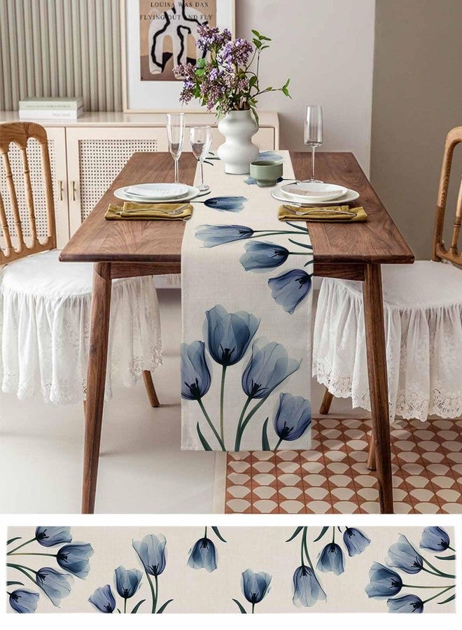 PIEPLE Tulip Blue Table Runner Cotton Linen 60 Inch Holiday Dresser Scarves, Spring Floral Countryside Garden Plants Tablerunner for Kitchen Coffee Dining Bedroom Living Room Dinner Scarf Décor 13''x60'' - Image 3