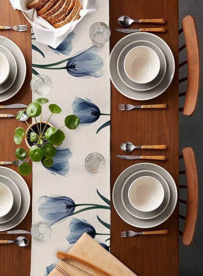PIEPLE Tulip Blue Table Runner Cotton Linen 60 Inch Holiday Dresser Scarves, Spring Floral Countryside Garden Plants Tablerunner for Kitchen Coffee Dining Bedroom Living Room Dinner Scarf Décor 13''x60'' - Image 2