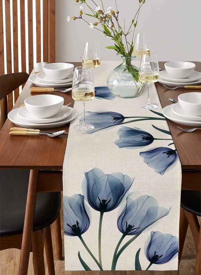 PIEPLE Tulip Blue Table Runner Cotton Linen 60 Inch Holiday Dresser Scarves, Spring Floral Countryside Garden Plants Tablerunner for Kitchen Coffee Dining Bedroom Living Room Dinner Scarf Décor 13''x60'' - Image 4