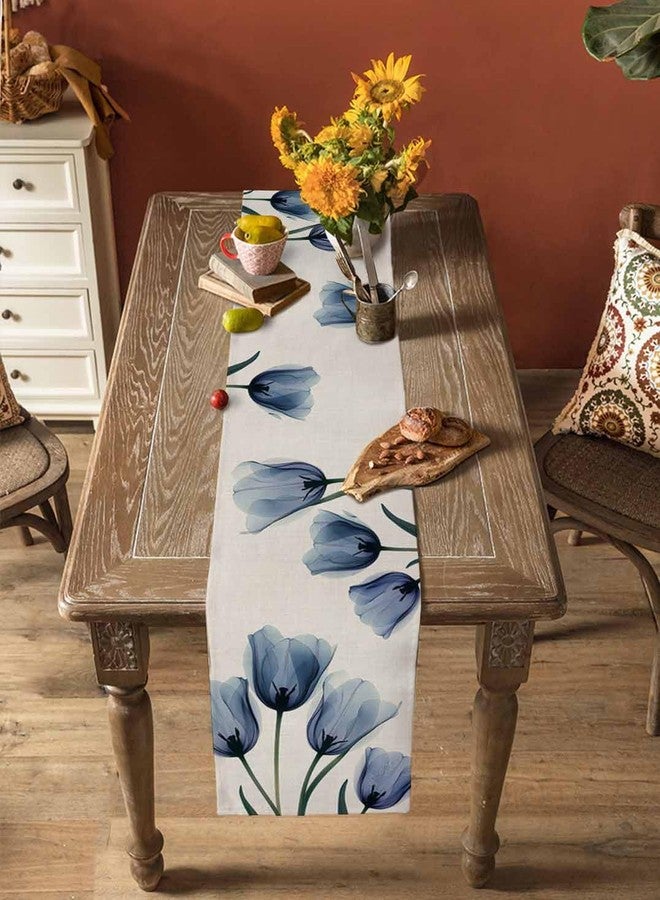 PIEPLE Tulip Blue Table Runner Cotton Linen 60 Inch Holiday Dresser Scarves, Spring Floral Countryside Garden Plants Tablerunner for Kitchen Coffee Dining Bedroom Living Room Dinner Scarf Décor 13''x60'' - Image 5