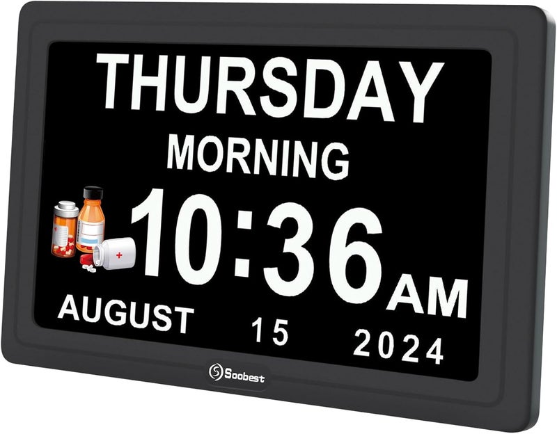 Soobest Dementia Digital Clock for Seniors Elderly, 20 Alarm Reminders 3 Ringtones for Memory Loss Alzheimers, Electric Time Date Day Large Display Calendar Clock, Auto DST, 1024 * 600P HD - Image 1