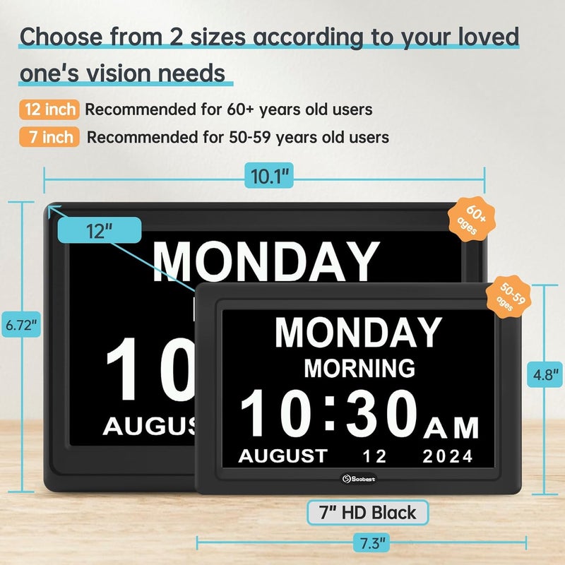 Soobest Dementia Digital Clock for Seniors Elderly, 20 Alarm Reminders 3 Ringtones for Memory Loss Alzheimers, Electric Time Date Day Large Display Calendar Clock, Auto DST, 1024 * 600P HD - Image 2