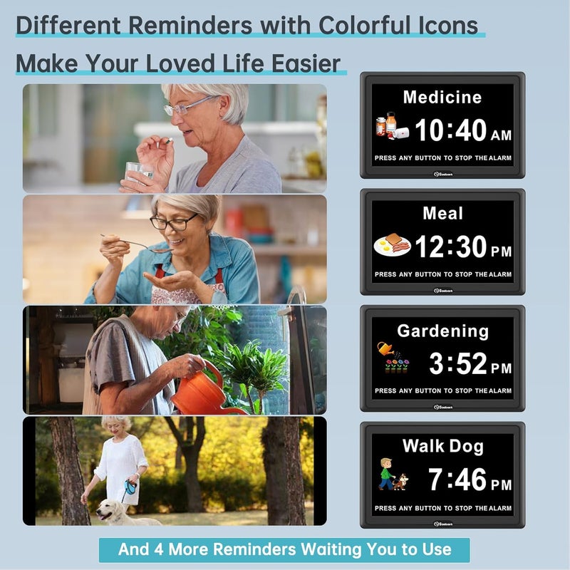 Soobest Dementia Digital Clock for Seniors Elderly, 20 Alarm Reminders 3 Ringtones for Memory Loss Alzheimers, Electric Time Date Day Large Display Calendar Clock, Auto DST, 1024 * 600P HD - Image 3