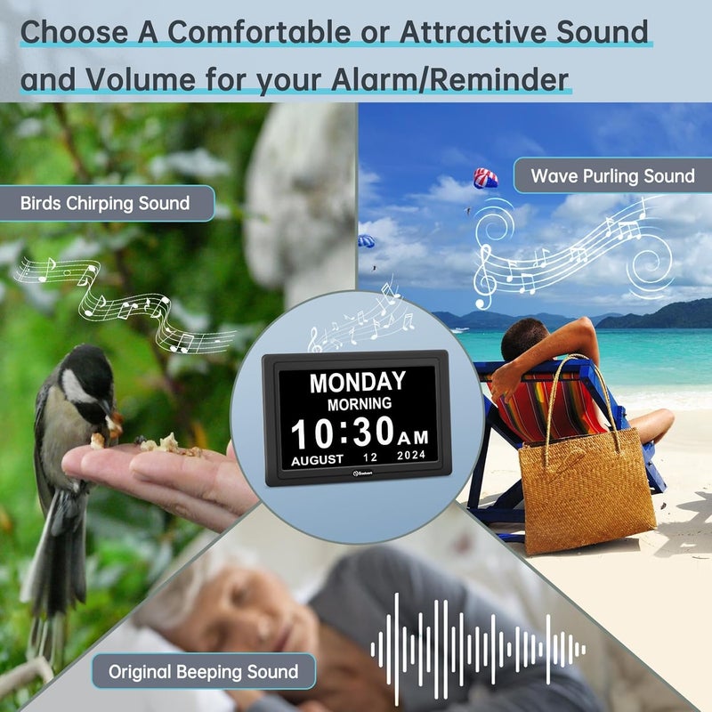 Soobest Dementia Digital Clock for Seniors Elderly, 20 Alarm Reminders 3 Ringtones for Memory Loss Alzheimers, Electric Time Date Day Large Display Calendar Clock, Auto DST, 1024 * 600P HD - Image 4