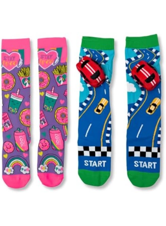 Glitters Funky 3D High Socks for Kids & Teens – Colorful Knee-High Novelty Socks with Plush 3D Elements | Fun Cartoon, Sweets & Racing Car Designs | Free Size, 2-Pair Set - Image 1